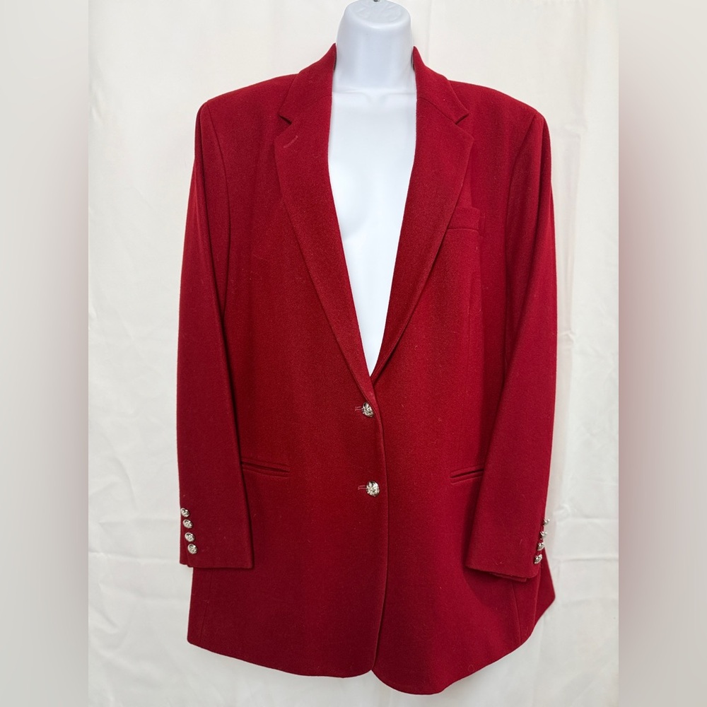 VTG Lauren Ralph Lauren Wool Blazer 18W Red Silver Button Up Jacket Made In USA